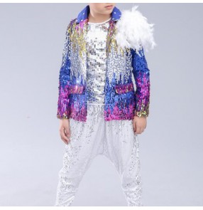 Boys jazz dance costumes blue sequin gradient color hiphop stage performance street dancing outfits jackets and pants