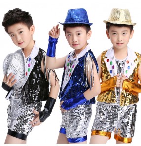 Boys jazz dance outfits modern street dance sequin costumes for kids children stage performance singers show drummer competition tops and shorts