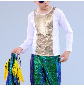 Boys street dance tops gold sequin modern dance hiphop jazz singers model show drummer competition stage performance t shirts tops 