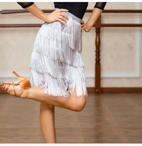 Fringes latin skirts for women female Silver gray competition stage performance professional salsa rumba chacha dancing skirt