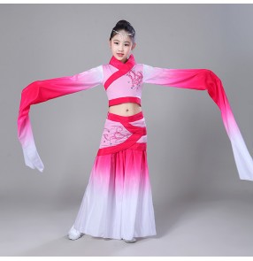 Girls Chinese folk dance dresses ancient gradient pink for kids children traditional fairy classical dance water fall sleeves performance competition costumes