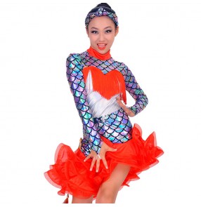 Girls latin dresses neon green red rainbow glitter kids stage performance salsa rumba competition moder dance dresses