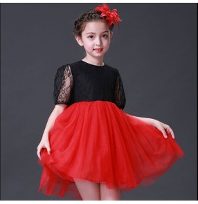 Girls princess jazz dance dresses for kids children lace black and red school competition flower girls show party stage performance costumes