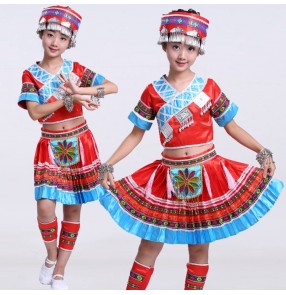 Girls Red miao dance costumes Ancient Traditional Chinese Dance Costumes tujia ethnic national minority  Hmong Miao Dress Clothing Hmong performance Clothes