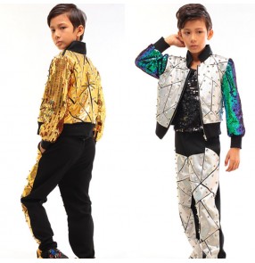 Glitter jazz dance outfits for boys kids children gold green paillette hiphop street modern dance show stage performance drummer competition jacket and pants