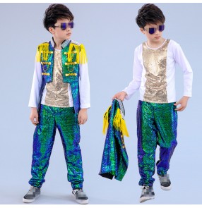 Green pailette jazz dance oufits for boys kids children modern street hiphop show drummer performance dancing tops jackets and pants