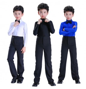 Kids ballroom latin dance tops and pants royal blue white children performance competition salsa rumba waltz tango dance sets