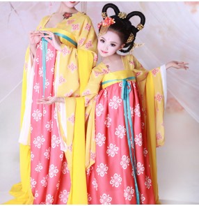 Kids chinese folk dance costumes ancient traditional china drama photos cosplay queen fairy princess performance dancing dresses robes
