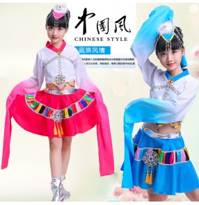 Kids chinese folk dance costumes ancient traditional water fall sleeves tibet Mongolian stage performance drama national cosplay dance robes dresses