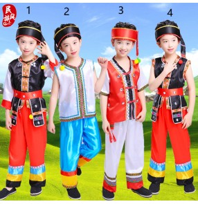 Kids Chinese folk dance costumes boys ancient traditional tujia miao hmong minority hulusi performance tops and pants