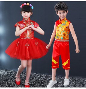 Kids chinese folk dance costumes for boys girls red and gold dragon ancient traditional yangko drummer performance film cosplay dance dresses