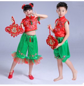 Kids Chinese folk dance costumes for girls boys dresses ancient yangko classical dance stage performance party celebration dresses