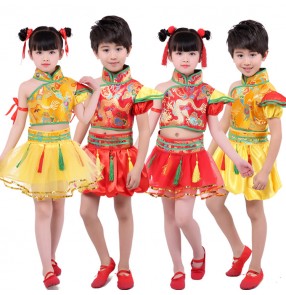 Kids Chinese folk dance costumes girls boys ancient traditional drummer stage performance yangko china style new year celebration clothes