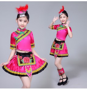 Kids Chinese folk dance costumes miao hmong minority performance dresses tujia ethnic drama cosplay clothes