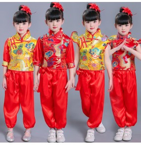 Kids chinese folk dance cotumes  girls gold red  china dragon style drummer competition yangko fan dance costumes tops and pants