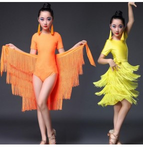 Kids fringes latin dresses competition stage performance professional yellow orange salsa chacha rumba dancing tops and skirts