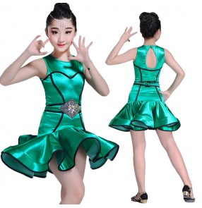Kids green latin dresses satin shiny stage performance competition salsa rumba dresses costumes