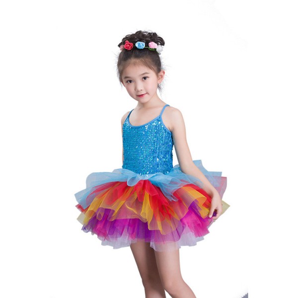 Kids Jazz Dance Dresses Rainbow Colored Princess Stage Performance