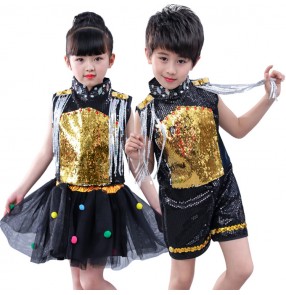 Kids jazz dance street dance modern dance outfits boy girls gold sequin pailletter singers team dancers school competition performance costumes