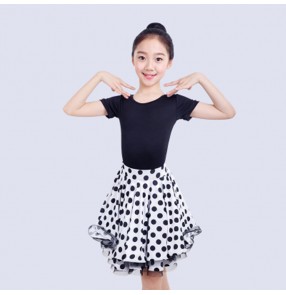 Kids latin dance dresses girls white polka dot  stage performance professional competition salsa rumba chacha dance dresses