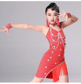 Kids latin dresses for girls red black child school competition professional stage performance diamond fringes samba chacha salsa dance dresses