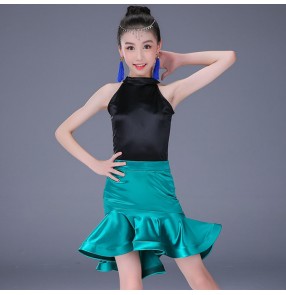 Kids latin dresses for girls stretchable shiny school stage performance competition ballroom salsa rumba chacha dancing tops and skirts