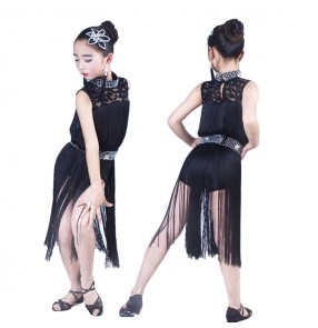 Kids latin dresses stage performance fringes diamond black lace competition salsa rumba chacha dance dresses
