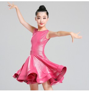 Kids latin stage performance dresses girls children stretchable shiny competition show party photos salsa chacha rumba dresses