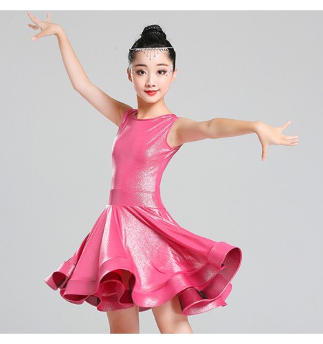 Kids latin stage performance dresses girls children stretchable shiny ...