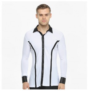 Man competition ballroom shirts male long sleeves black ribbon white performance competition waltz tango dancing tops