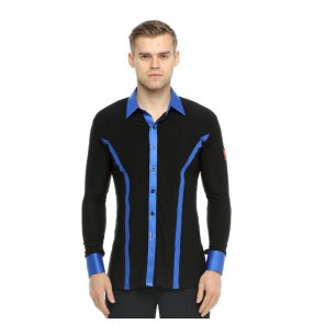 Men's ballroom latin dance shirts black and blue ribbon competition stage performance professional chacha rumba tango dance tops