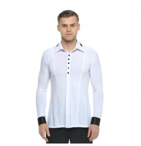 Men's ballroom latin dance shirts competition professional stage performance white black waltz tango dancing tops shirts