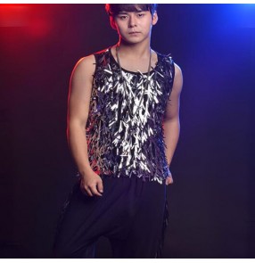 Men's jazz dance vests paillette sequin male drummer magician hiphop stage performance competition night club dj solo singers dancers tops