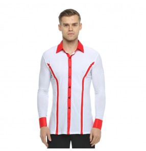 Men's latin ballroom shirts competition white and red stage performance professional waltz tango dancing tops 