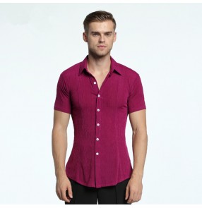 Men's latin dance shirts wine red pink brown tops short sleeves competition stage performance professional professional shirts 