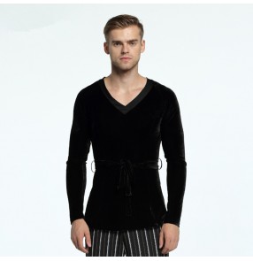 Men's latin shirts black velvet male long sleeves v neck competition ballroom waltz tango dance tops with sashes