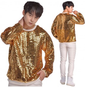 Men's singers hiphop  tops gold paillette jazz dance long sleeves male sequin modern dance dancers stage performance solo night club drummer competition t shirts tops 