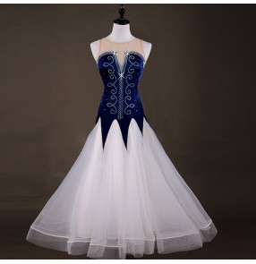 Navy and white ballroom dresses for female competition diamond professional stage performance waltz tango dance dresses