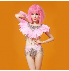 Pink feather jazz dance costumes for women female diamond competition party show performance singers lead dancers photos cosplay outfits
