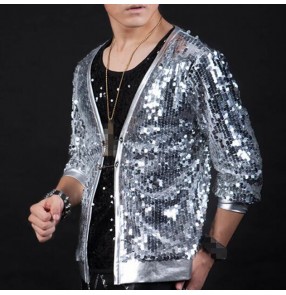 Silver sequin jazz singers hiphop dancing jacket  for men male competition modern dance street stage performance night club solo dancing coats