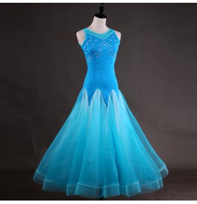 Turquoise ballroom dresses for women female diamond competition stage performance waltz tango long dresses