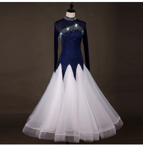 Women's ballroom dance dresses navy white diamond long length competition stage performance waltz tango chacha dance dresses