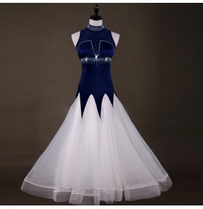 Women's ballroom dresses diamond navy and white competition professional waltz tango flamenco long dresses