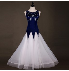 Women's ballroom dresses for female navy diamond white stage performance professional waltz tango competition long dresses