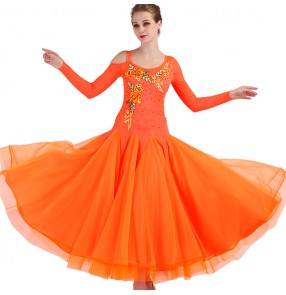 Women's ballroom dresses orange diamond long sleeves long length waltz tango competition professional rumba chacha dance dresses