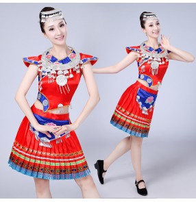 Women's chinese folk dance costume miao hmong minority stage performance competition photos cosplay national dancing dresses clothes