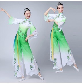 Women's chinese folk dance costumes for female green gradient square dance practice exercises performance yangko fan dance dresses