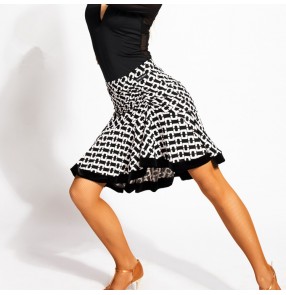 Women's latin dance skirts for female white and black plaid rumba stage performance salsa chacha exercises dancing skirt