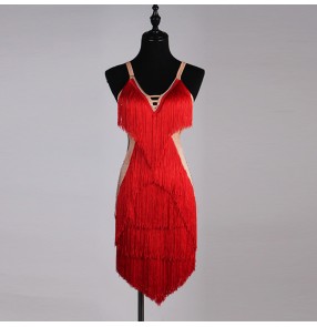 Women's latin dresses competition female lady fringes red salsa rumba chacha performance dresses costumes