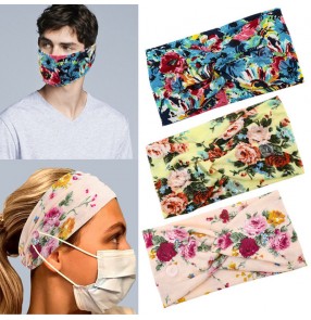 2PCS floral sports yoga workout sweat absorb headband wearing face masks elastic headband turban with button for unisex Bandeau 